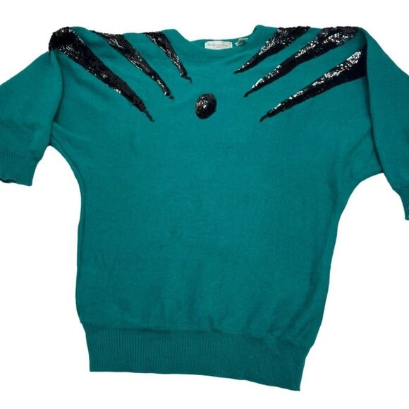 vintage 80's Green Crew Neck Sweater Black Sequin Detailing Size M - Picture 5 of 11